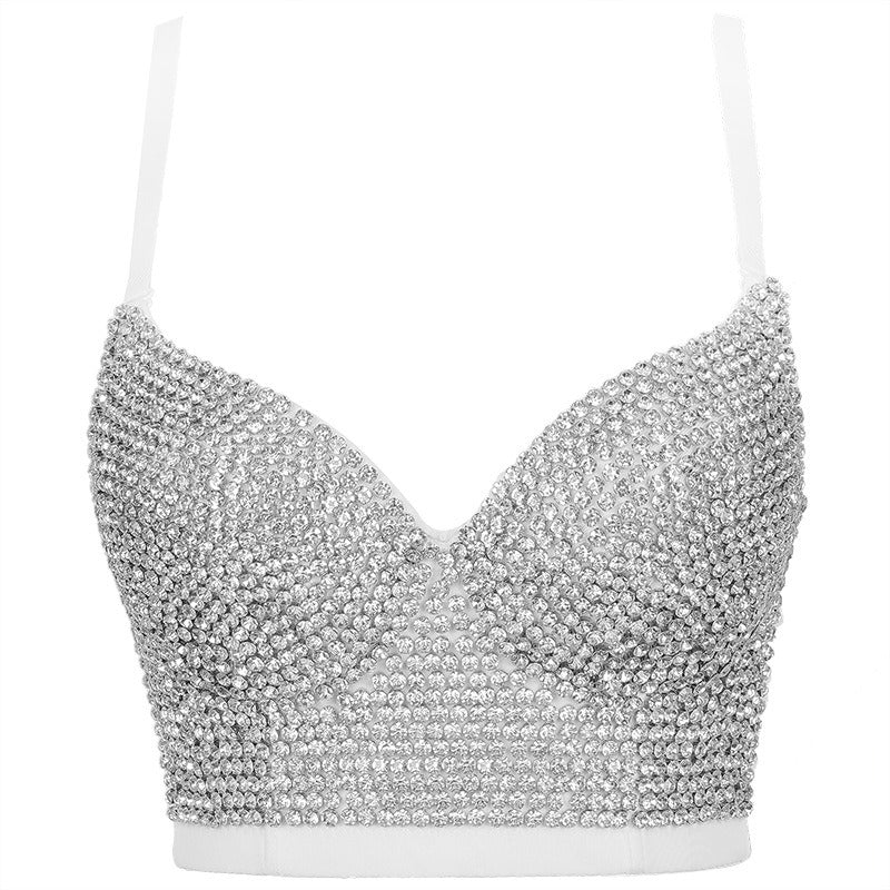 Fashionable camisole vest with shiny diamond top and beautiful back bra worn on the outside