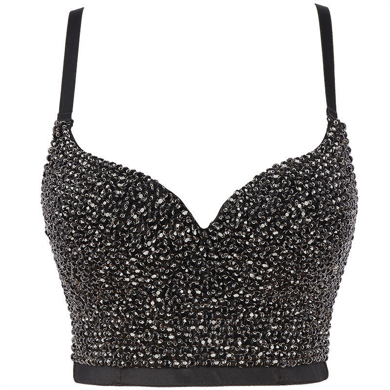 Fashionable camisole vest with shiny diamond top and beautiful back bra worn on the outside