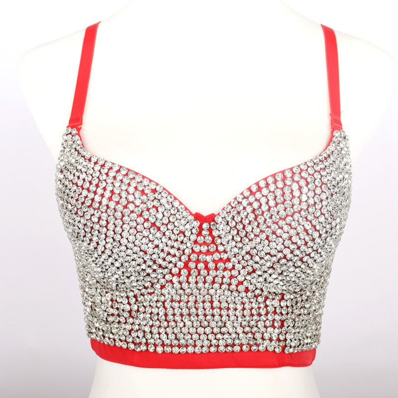 Fashionable camisole vest with shiny diamond top and beautiful back bra worn on the outside