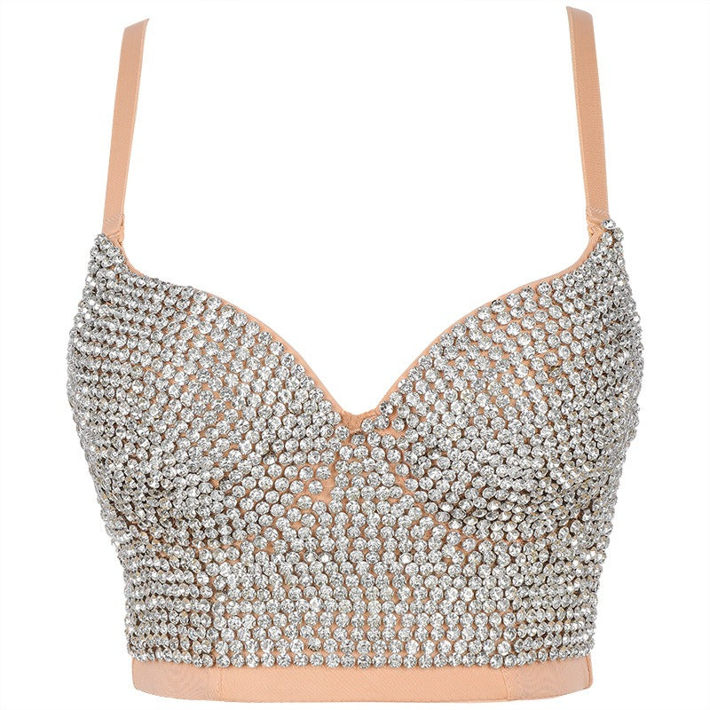 Fashionable camisole vest with shiny diamond top and beautiful back bra worn on the outside