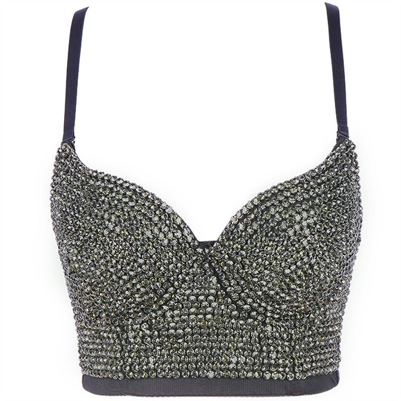 Fashionable camisole vest with shiny diamond top and beautiful back bra worn on the outside