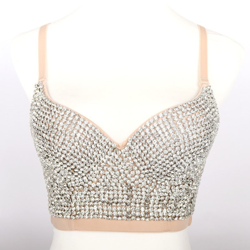 Fashionable camisole vest with shiny diamond top and beautiful back bra worn on the outside