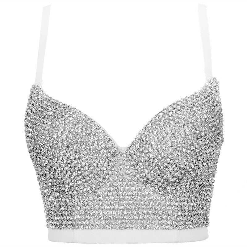 Fashionable camisole vest with shiny diamond top and beautiful back bra worn on the outside