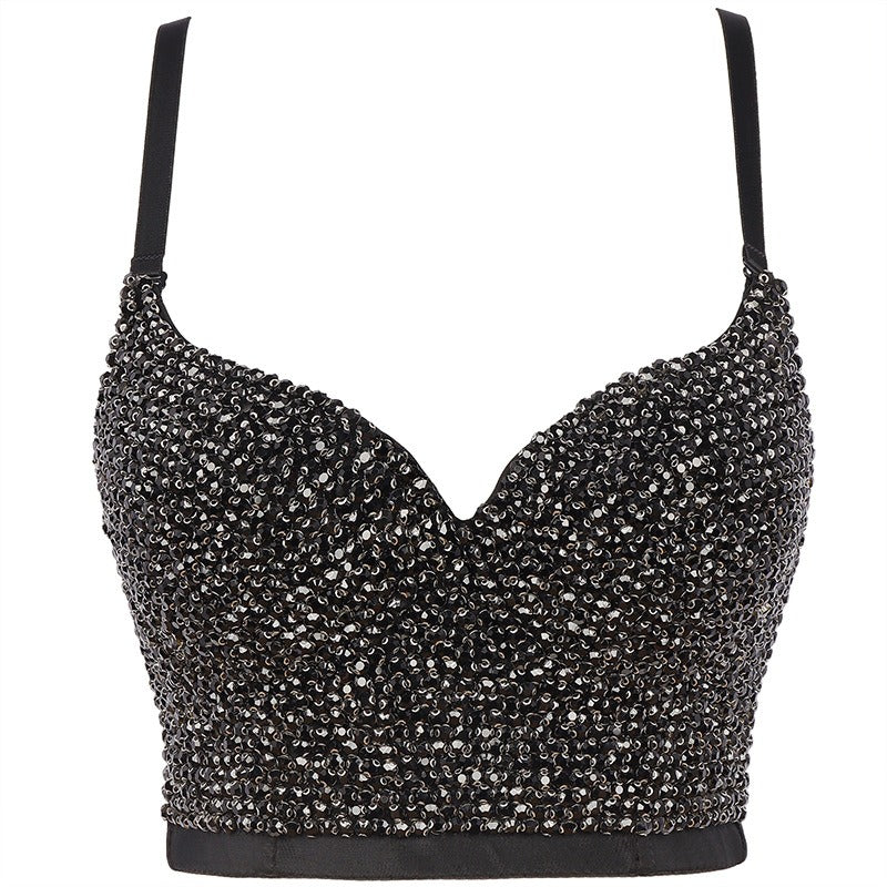 Fashionable camisole vest with shiny diamond top and beautiful back bra worn on the outside