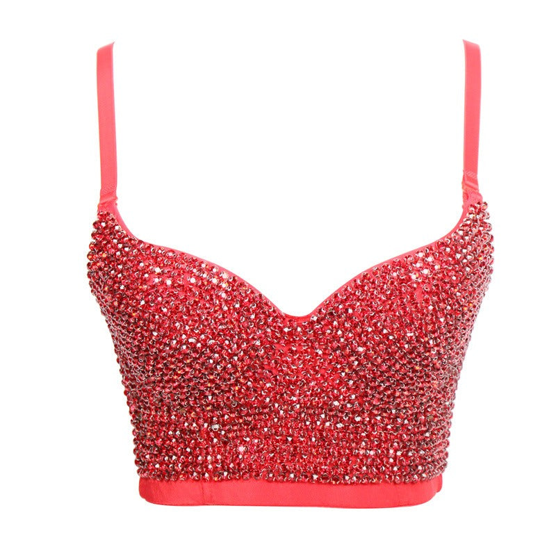 Fashionable camisole vest with shiny diamond top and beautiful back bra worn on the outside