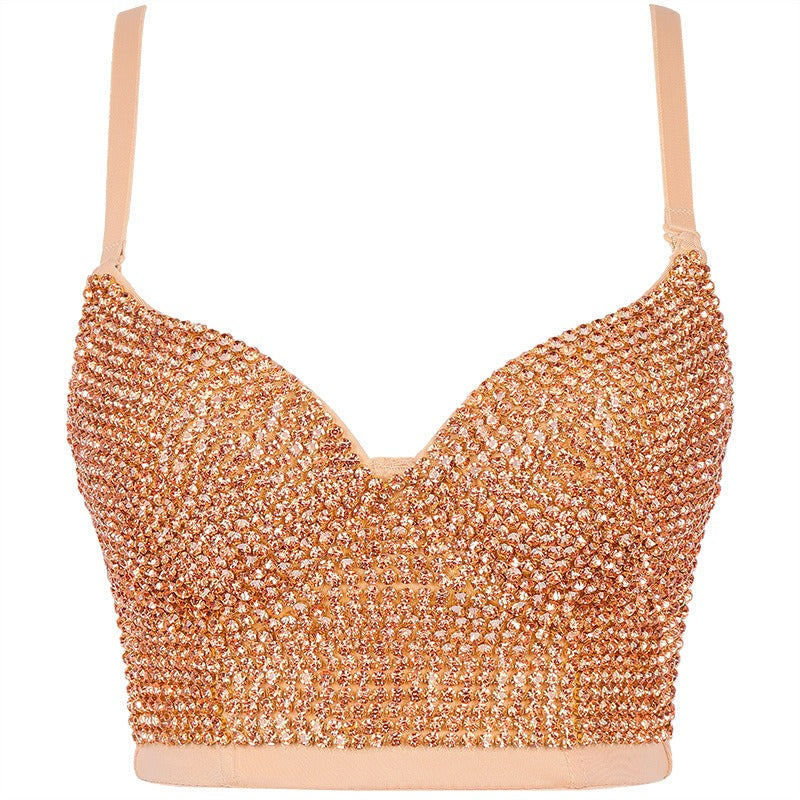 Fashionable camisole vest with shiny diamond top and beautiful back bra worn on the outside