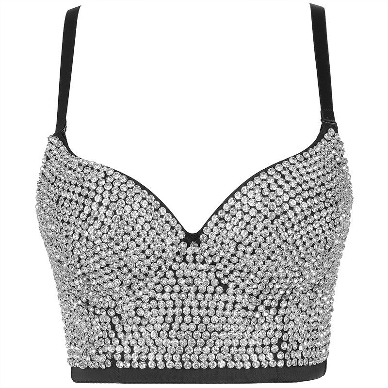 Fashionable camisole vest with shiny diamond top and beautiful back bra worn on the outside