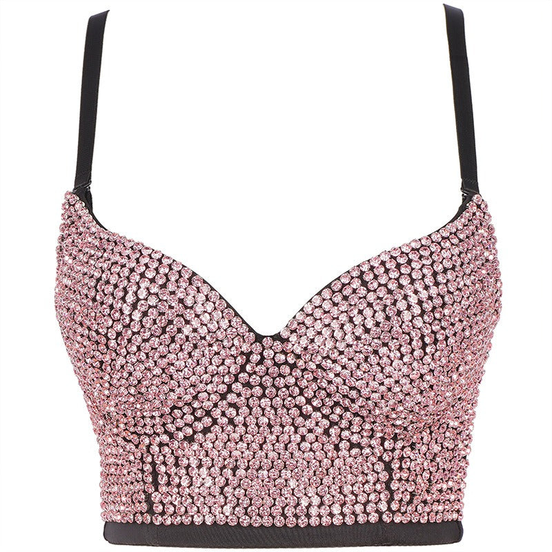 Fashionable camisole vest with shiny diamond top and beautiful back bra worn on the outside